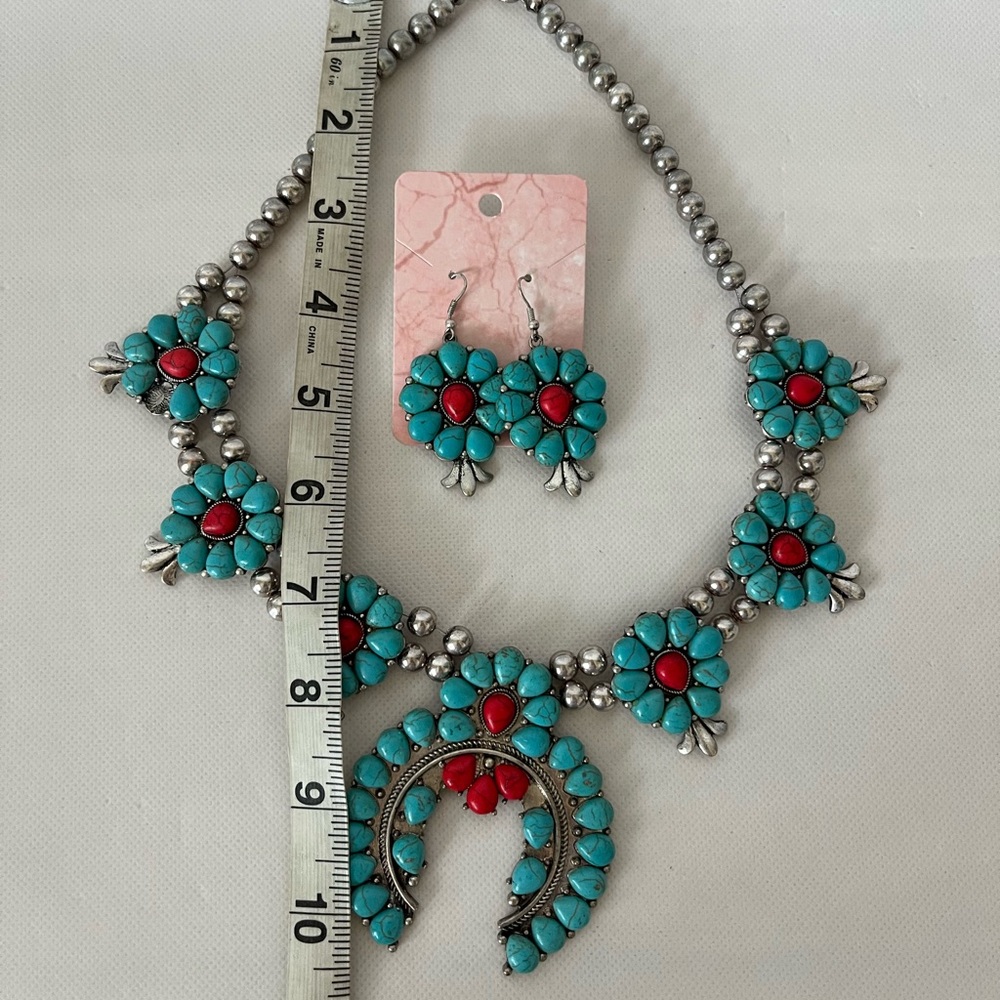 Squash Blossom Faux Turquoise Necklace & Earrings Set - Picture 4 of 4